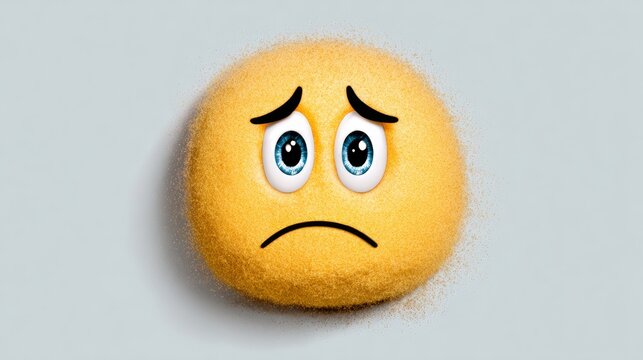 A yellow face with a sad expression. The face is made of sand and has a blue eye