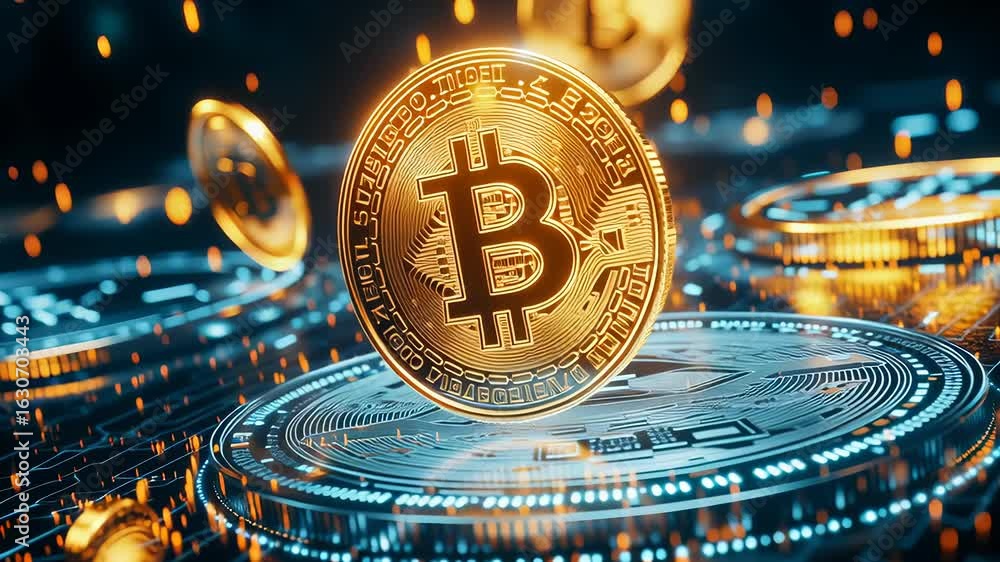 Poster floating bitcoin in glowing digital landscape illustrates advanced currency concepts. bright dynamic