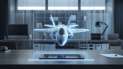 Advanced holographic fighter jet model. High-tech military aircraft projection displayed above tablet in modern defense design studio. Futuristic concept.