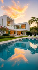 Fototapeta premium Modern house with a swimming pool reflecting a vibrant sunset sky.
