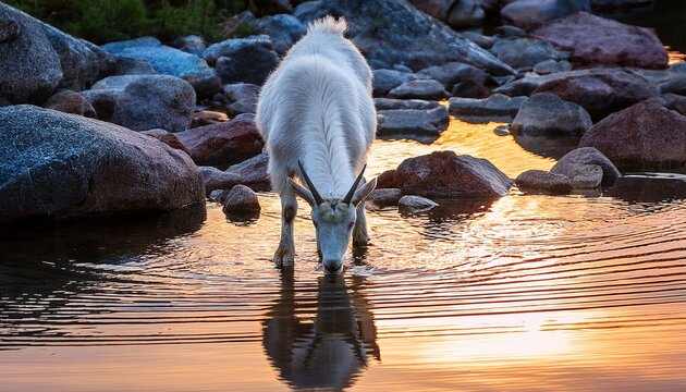 mountain goat drinking from a serene river surrounded by smooth stones and soft reflections at sunset