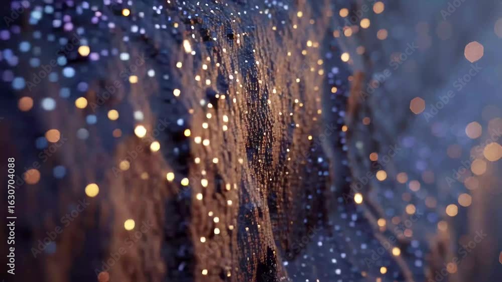 Poster capture of shimmering particles reflecting light in a captivating abstract setting at dusk with vibr