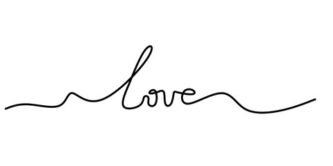 LOVE. Continuous line script cursive text love. Lettering vector illustration for poster, card, banner valentine day, wedding. Hand drawn word - love with doodle heart. Print for tee. handwritten love