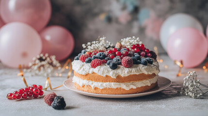 Delicious layered cake topped with fresh berries and whipped cream, surrounded by pastel balloons and decorative elements, perfect for celebrations and special occasions