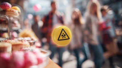 Medium shot highlighting a wearable allergy alert badge flashing rapidly against blurred figures holding allergenic treats capturing the urgent warning in social environments.