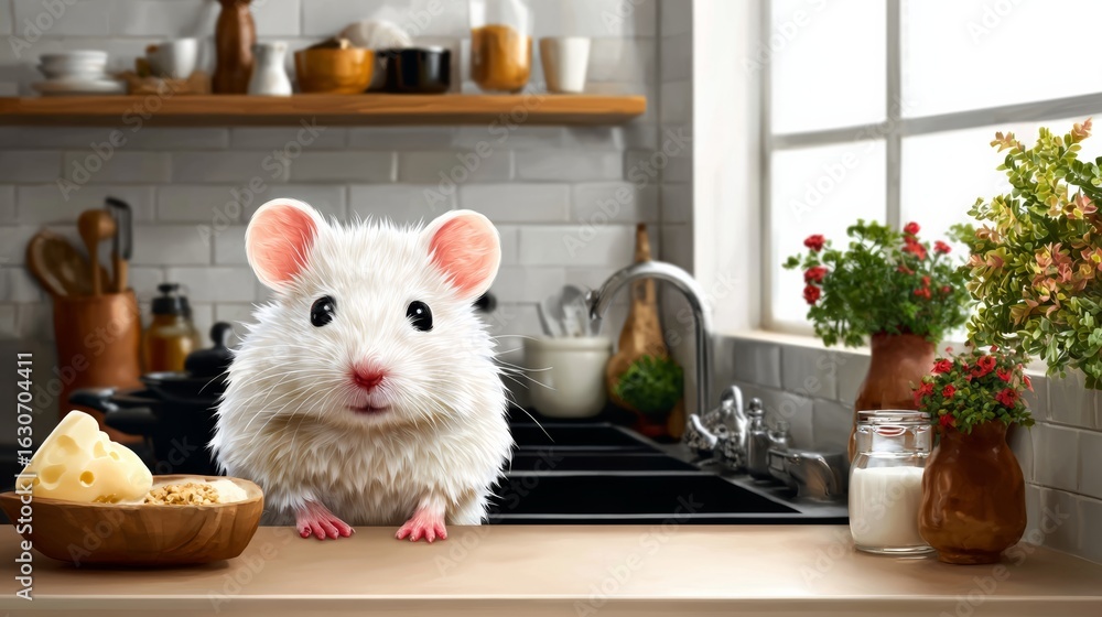 Poster a white mouse is standing on a counter in front of a bowl of cereal. the mouse is looking at the cam