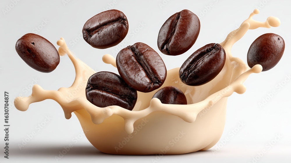 Poster a splash of milk with coffee beans floating in it. the coffee beans are scattered around the splash,