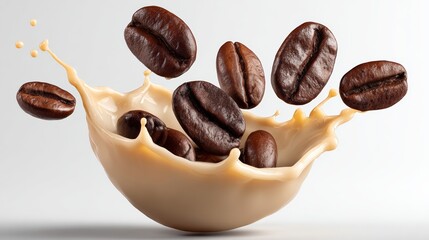 A splash of milk with coffee beans floating in it. Concept of warmth and comfort, as the combination of coffee and milk is often associated with relaxation and indulgence