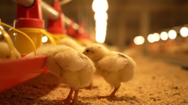 Close-up of fluffy chicks under automated feeders in a bright, clean poultry farm, soft lighting and subtle movement creating a warm, natural farm atmosphere.