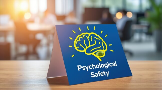 Psychological safety sign with brain illustration on a table in a modern office