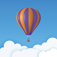 Vector Travel Banner with 3d Realistic Hot Air Balloon Icon on a Blue Sky Background. Design Template, Summer Vacation, Travelling, Tourism and Journey Concept