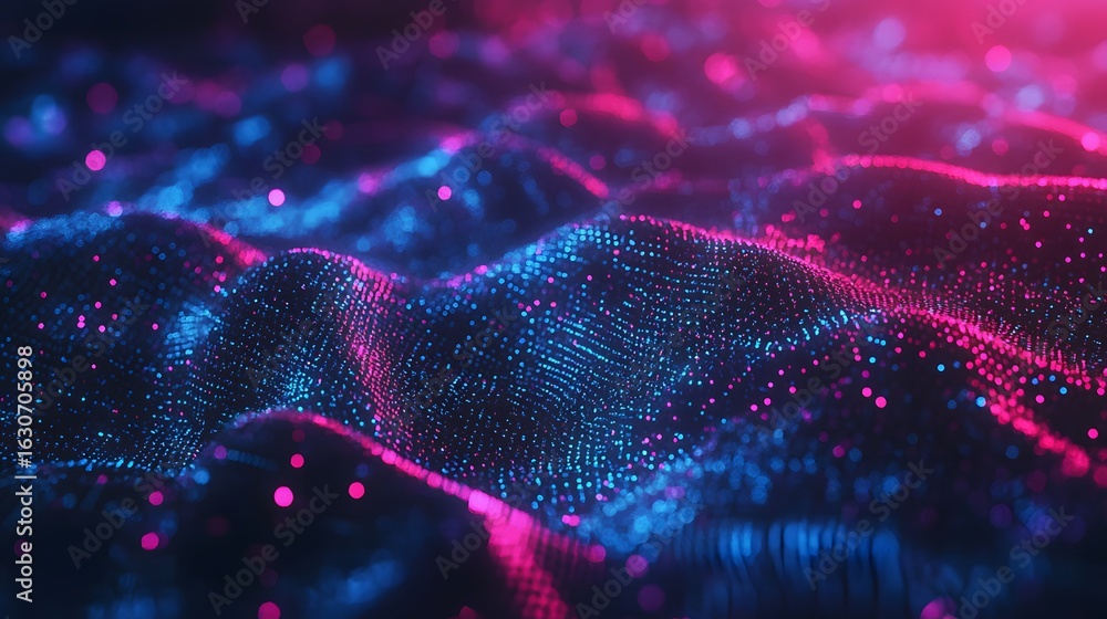 Poster abstract digital artwork of glowing particles forming wavy patterns.