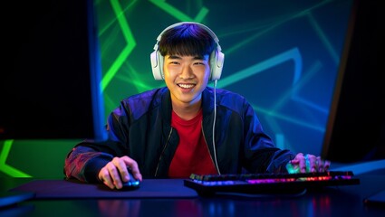 Smiling Asian Gamer with Headset and Gaming Setup