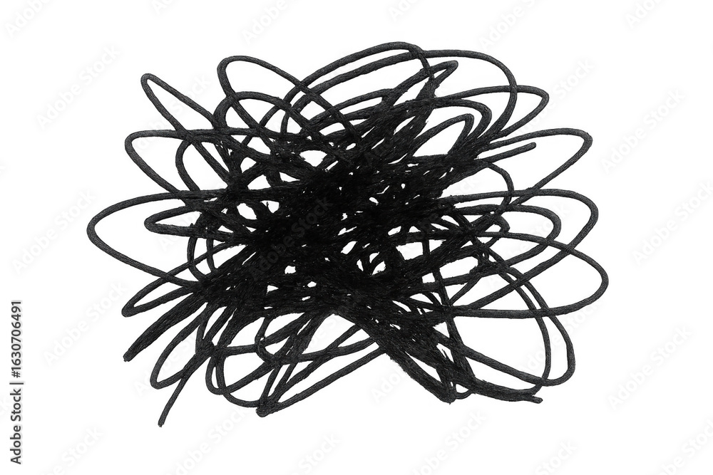 Poster black tangled lines creating an abstract shape, conveying chaos and complexity on a transparent back