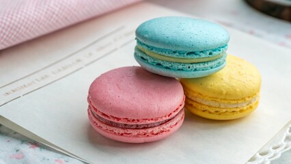 colorful macaroons on wooden table