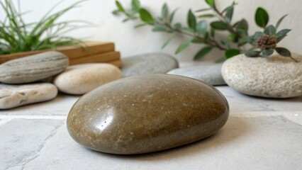 zen stones and green leaves