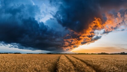 Obraz premium a dramatic sky split between stormy dark blue clouds and fiery orange clouds over a golden field symbolizing contrasting weather or elements
