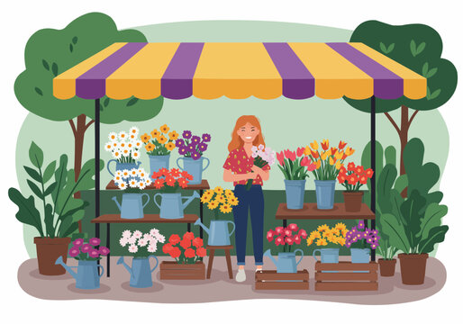 A smiling woman stands at a flower stall, surrounded by colorful blooms, under a striped canopy.