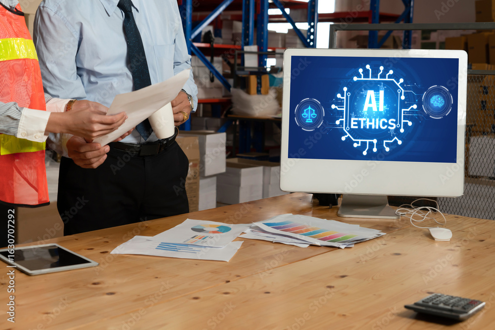 Poster ai ethics responsibility standard law and rules on computer screen provide report of ai ethic transp