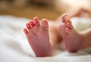 Newborn baby feet resting on a blanket, symbolizing new life, maternity care, and gentle beginnings. Tiny infant heels. Neonatal health, parenting, and postnatal care. Maternity hospital. Pediatrics 