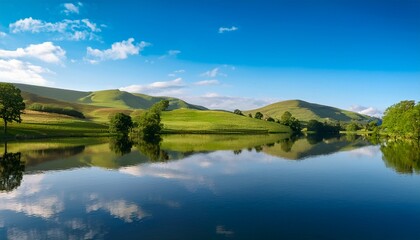 serene reflection in countryside lake ultra realistic hills and water tranquil nature scenery for relaxation scenic landscapes and peaceful getaways