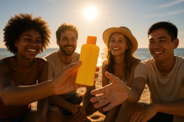 Friends enjoying sunscreen beach.