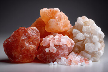 Pure himalayan salt crystals in white, pink, and red shades from ancient sea beds in the mountains, rich in trace minerals