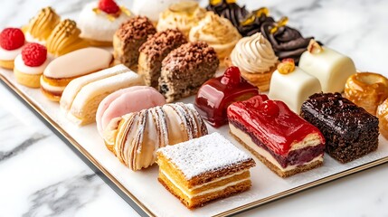 Assorted French pastries like croissants, éclairs, and fruit tarts arranged beautifully on a serving tray.

