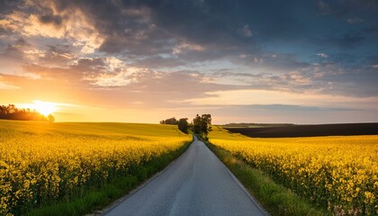 country road along rapeseed fields at sunset dramatic sky and summer landscape create a feeling of seclusion