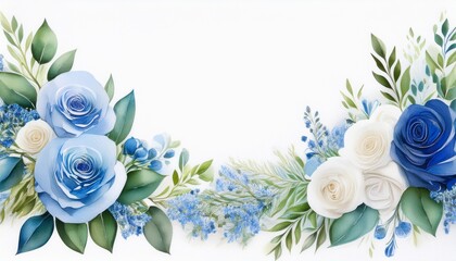 elegant watercolor floral border with blue and white roses and greenery perfect for invitations and decorative designs