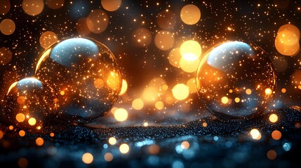 Sparkling spheres resting on a dark, glittering surface.