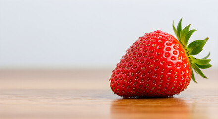 A fresh strawberry, displaying a vibrant red color, sits on a wooden surface with a touch of green. It exudes a sense of freshness and natural beauty