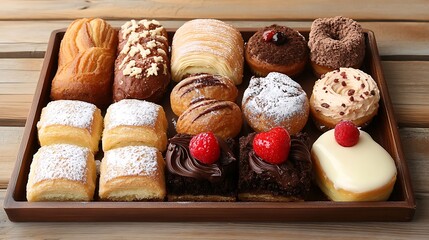Assorted French pastries like croissants, éclairs, and fruit tarts arranged beautifully on a serving tray.

