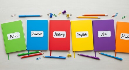 Colorful school notebooks with subjects and stationery on white wooden desk representing education and learning materials for students