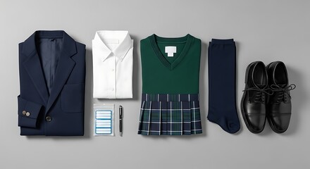 Complete School Uniform Set Including Blazer Shirt Skirt Socks and Shoes Laid Out on a Neutral Background Representing Education and Preparedness