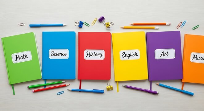 Colorful school notebooks with subjects and stationery on white wooden desk representing education and learning materials for students