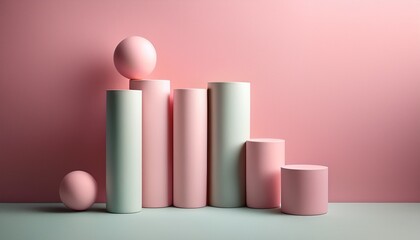 pastel cylinders and sphere on pink background