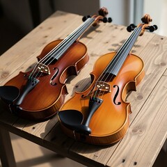Fototapeta premium Two violins resting on a wooden surface.