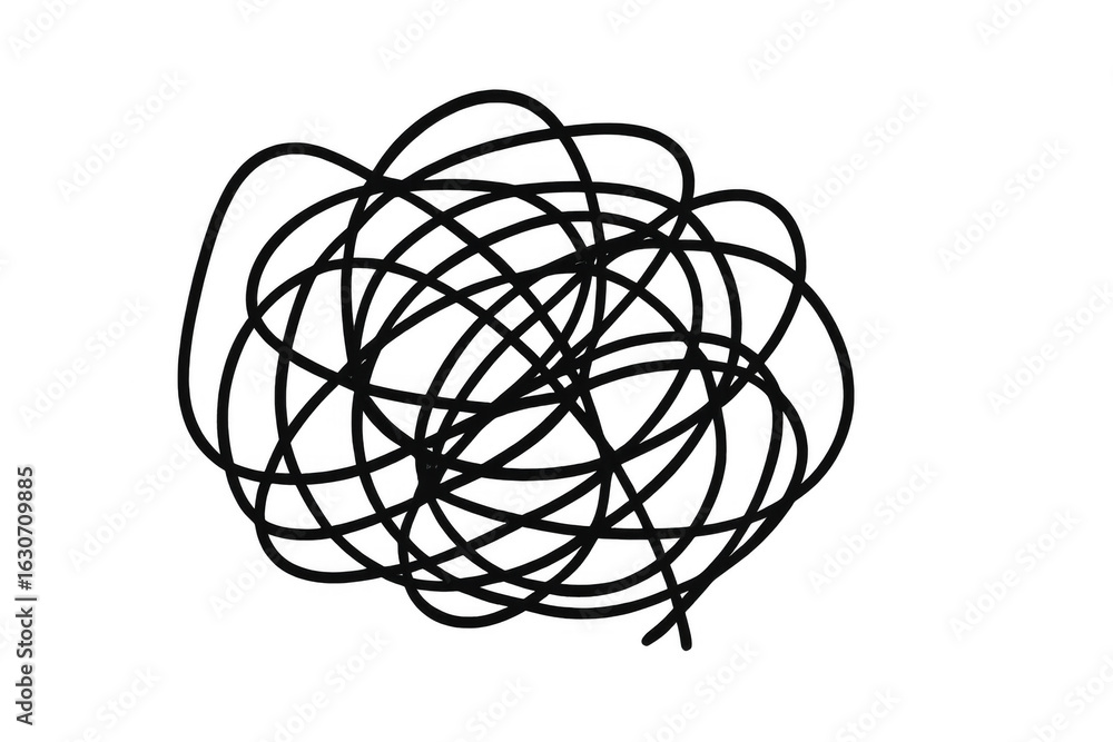 Poster tangled black lines creating a chaotic scribble symbolizing confusion, complexity, or brainstorming 