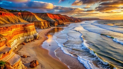 Dramatic sunset illuminates colorful sandstone cliffs meeting the ocean s gentle waves on a sandy beach