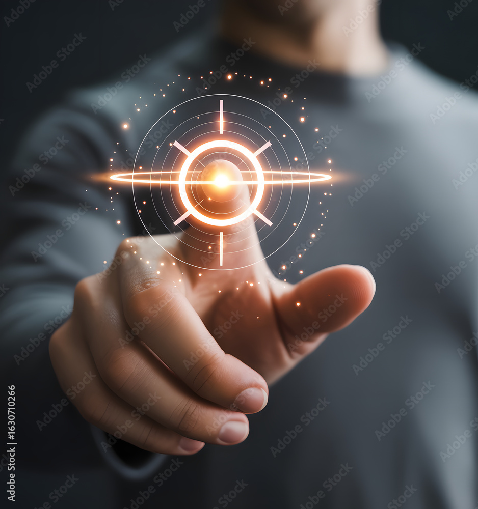 Poster precision targeting: a man's hand points at a digital target, emphasizing precision, accuracy, and t