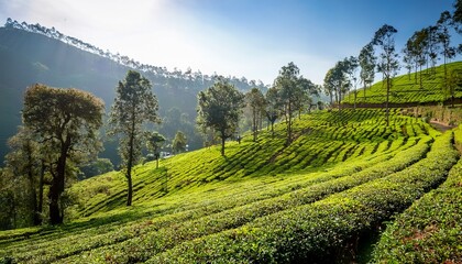 Fototapeta premium lush tea crops lined in terraces on a slope surrounded by trees under bright sunlight in kodaikanal tamil nadu