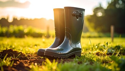 Garden boots on grassy soil