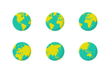 Earth globe sign. Globe Earht vector set. Planet world sign. Continent sign set. Color earth isolated set in flat design.
