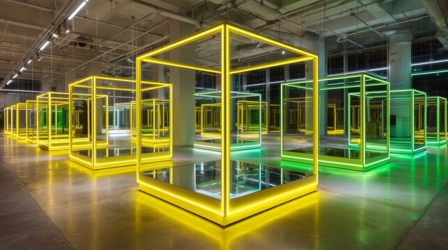 Rows of neon lit cubic structures create a mesmerizing infinity mirror effect in a modern building, showcasing a blend of art, technology, and design