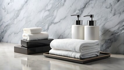 Luxurious spa towels and dispensers against a marble background