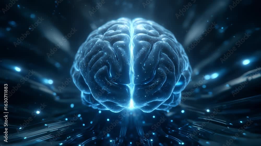 Poster tech brain pulsating light shines future