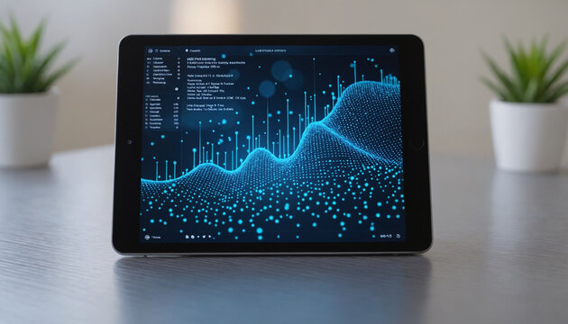 Digital tablet displaying vibrant data visualization with graphs - Powered by Adobe
