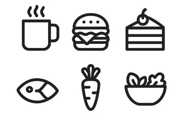 Minimal flat food icon pack featuring burger, coffee, salad, carrot, cake slice and fish fillet, ideal for websites, mobile apps and culinary illustrations.