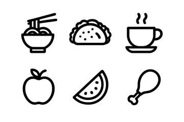 Minimal flat food icon pack featuring taco, noodles, tea cup, watermelon slice, apple and chicken leg, ideal for websites, mobile apps and cooking illustrations.